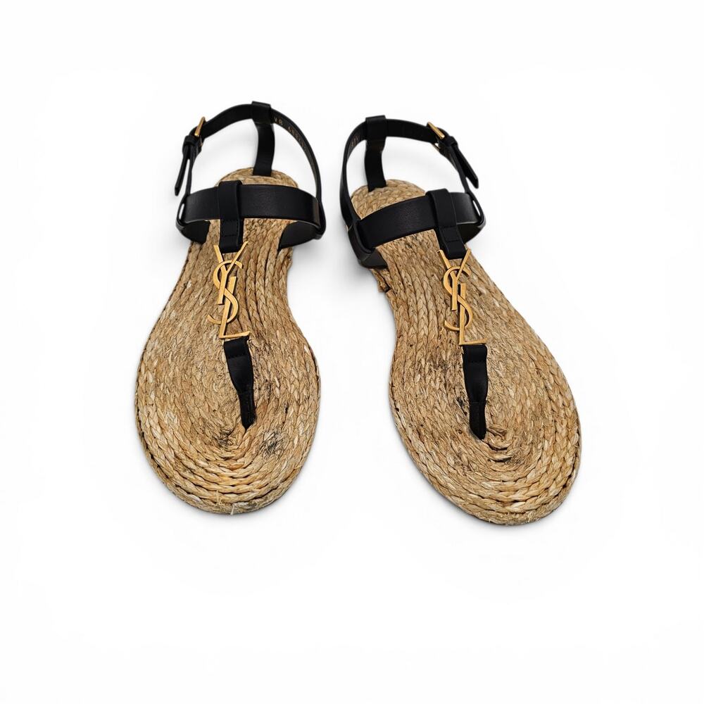 Saint Laurent YSL Cassandra Raffia Black Leather Flat Thong Sandal Size 37.5 7.5
